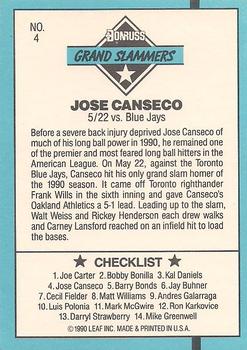 1991 Donruss - Grand Slammers #4 Jose Canseco Back