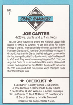 1991 Donruss - Grand Slammers #1 Joe Carter Back