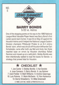1991 Donruss - Grand Slammers #5 Barry Bonds Back