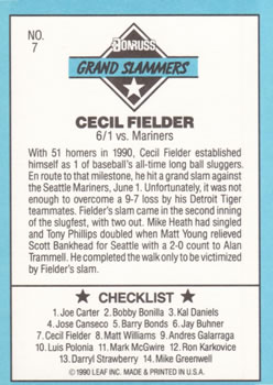 1991 Donruss - Grand Slammers #7 Cecil Fielder Back