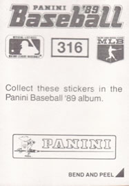 1989 Panini Stickers #316 Ron Tingley Back