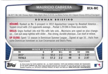 2013 Bowman Chrome - Prospects Autographs #BCA-MC Mauricio Cabrera Back