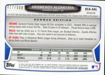 2013 Bowman Chrome - Prospects Autographs Refractor #BCA-AAL Arismendy Alcantara Back