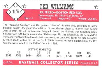 1984 Galasso Baseball Collector Series #15 Ted Williams Back