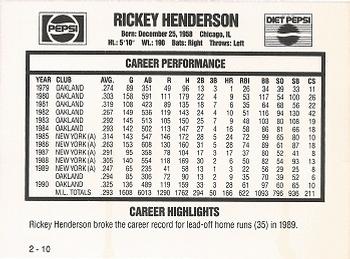 1991 Pepsi Rickey Henderson #2 Rickey Henderson Back