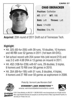 2011 Choice Vermont Lake Monsters #27 Chad Oberacker Back