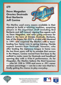 1993 Upper Deck Florida Marlins #479 Inaugural Catch (Dave Magadan / Orestes Destrade / Bret Barberie / Jeff Conine) Back