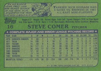 1982 Topps #16 Steve Comer Back