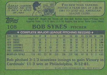 1982 Topps #108 Bob Sykes Back