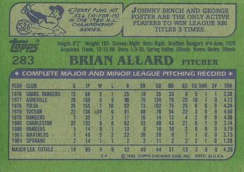 1982 Topps #283 Brian Allard Back