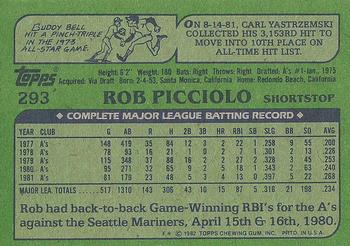 1982 Topps #293 Rob Picciolo Back