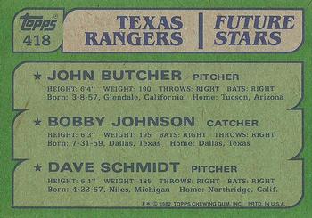 1982 Topps #418 Rangers Future Stars (John Butcher / Bobby Johnson / Dave Schmidt) Back
