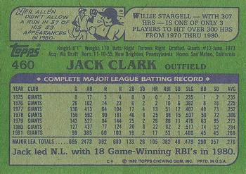 1982 Topps #460 Jack Clark Back