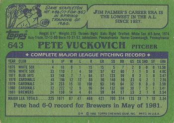 1982 Topps #643 Pete Vuckovich Back