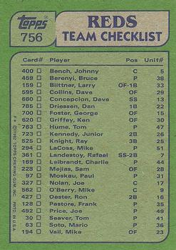 1982 Topps #756 Reds Leaders / Checklist (Ken Griffey / Tom Seaver) Back