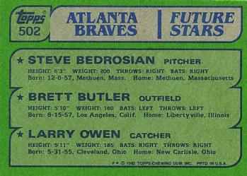 1982 Topps #502 Braves Future Stars (Steve Bedrosian / Brett Butler / Larry Owen) Back