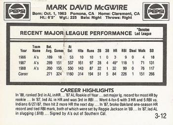 1989 Pepsi Mark McGwire #3 Mark McGwire Back