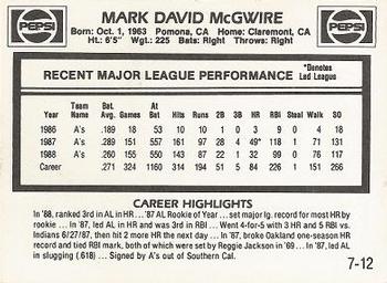 1989 Pepsi Mark McGwire #7 Mark McGwire Back
