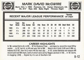 1989 Pepsi Mark McGwire #8 Mark McGwire Back
