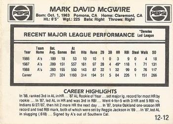 1989 Pepsi Mark McGwire #12 Mark McGwire Back