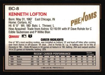 1992 Donruss The Rookies - Phenoms #BC-8 Kenny Lofton Back