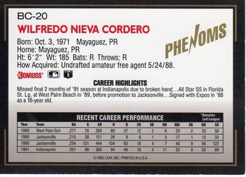1992 Donruss The Rookies - Phenoms #BC-20 Wil Cordero Back