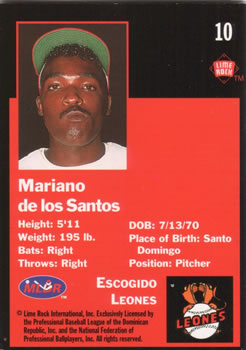 1993 Lime Rock Dominican Winter League #10 Mariano de los Santos Back