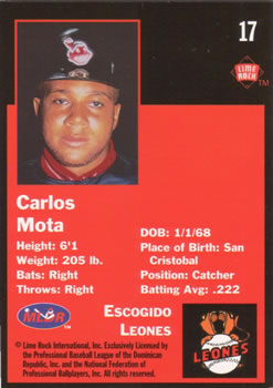 1993 Lime Rock Dominican Winter League #17 Carlos Mota Back