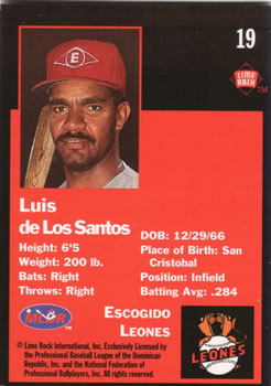 1993 Lime Rock Dominican Winter League #19 Luis de los Santos Back