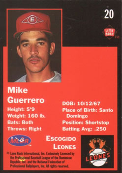 1993 Lime Rock Dominican Winter League #20 Mike Guerrero Back