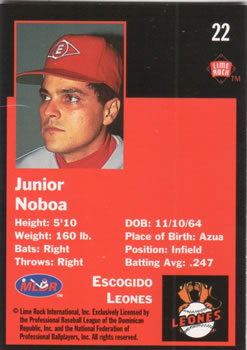 1993 Lime Rock Dominican Winter League #22 Junior Noboa Back