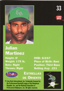 1993 Lime Rock Dominican Winter League #33 Julian Martinez Back