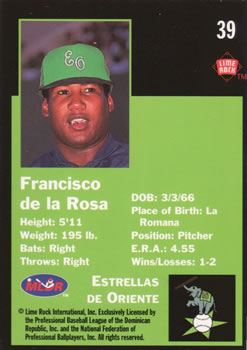 1993 Lime Rock Dominican Winter League #39 Francisco de la Rosa Back