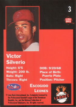 1993 Lime Rock Dominican Winter League #3 Victor Silverio Back