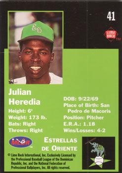 1993 Lime Rock Dominican Winter League #41 Julian Heredia Back