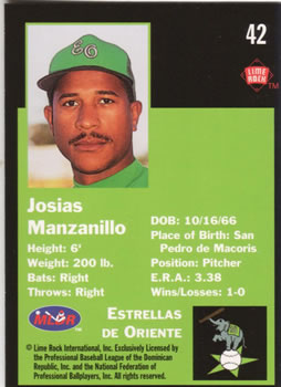 1993 Lime Rock Dominican Winter League #42 Josias Manzanillo Back