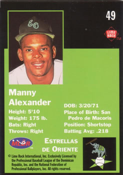 1993 Lime Rock Dominican Winter League #49 Manny Alexander Back