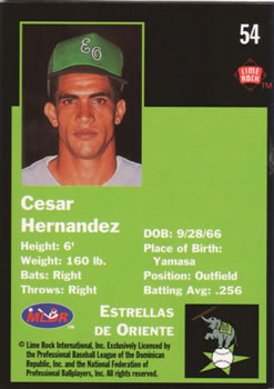1993 Lime Rock Dominican Winter League #54 Cesar Hernandez Back