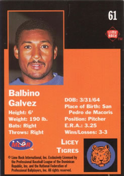 1993 Lime Rock Dominican Winter League #61 Balvino Galvez Back