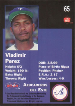 1993 Lime Rock Dominican Winter League #65 Vladimir Perez Back