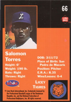 1993 Lime Rock Dominican Winter League #66 Salomon Torres Back
