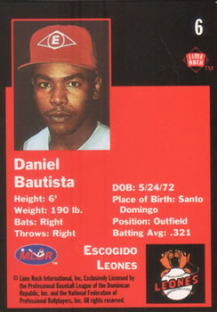 1993 Lime Rock Dominican Winter League #6 Danny Bautista Back