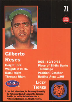 1993 Lime Rock Dominican Winter League #71 Gilberto Reyes Back
