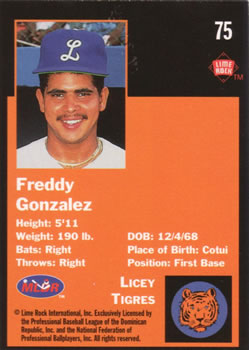 1993 Lime Rock Dominican Winter League #75 Freddy Gonzalez Back