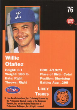 1993 Lime Rock Dominican Winter League #76 Willie Otanez Back