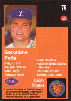 1993 Lime Rock Dominican Winter League #78 Geronimo Pena Back