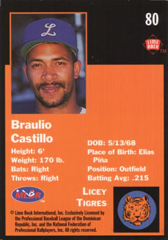 1993 Lime Rock Dominican Winter League #80 Braulio Castillo Back