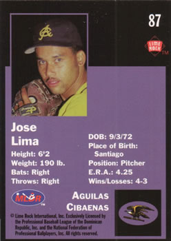 1993 Lime Rock Dominican Winter League #87 Jose Lima Back