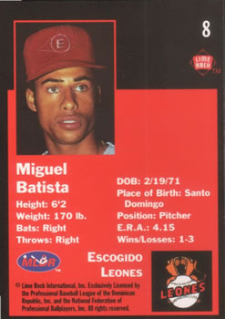 1993 Lime Rock Dominican Winter League #8 Miguel Batista Back