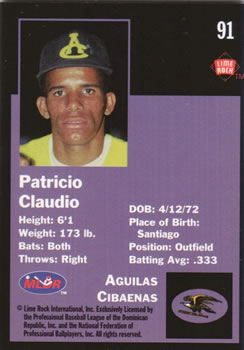 1993 Lime Rock Dominican Winter League #91 Patricio Claudio Back